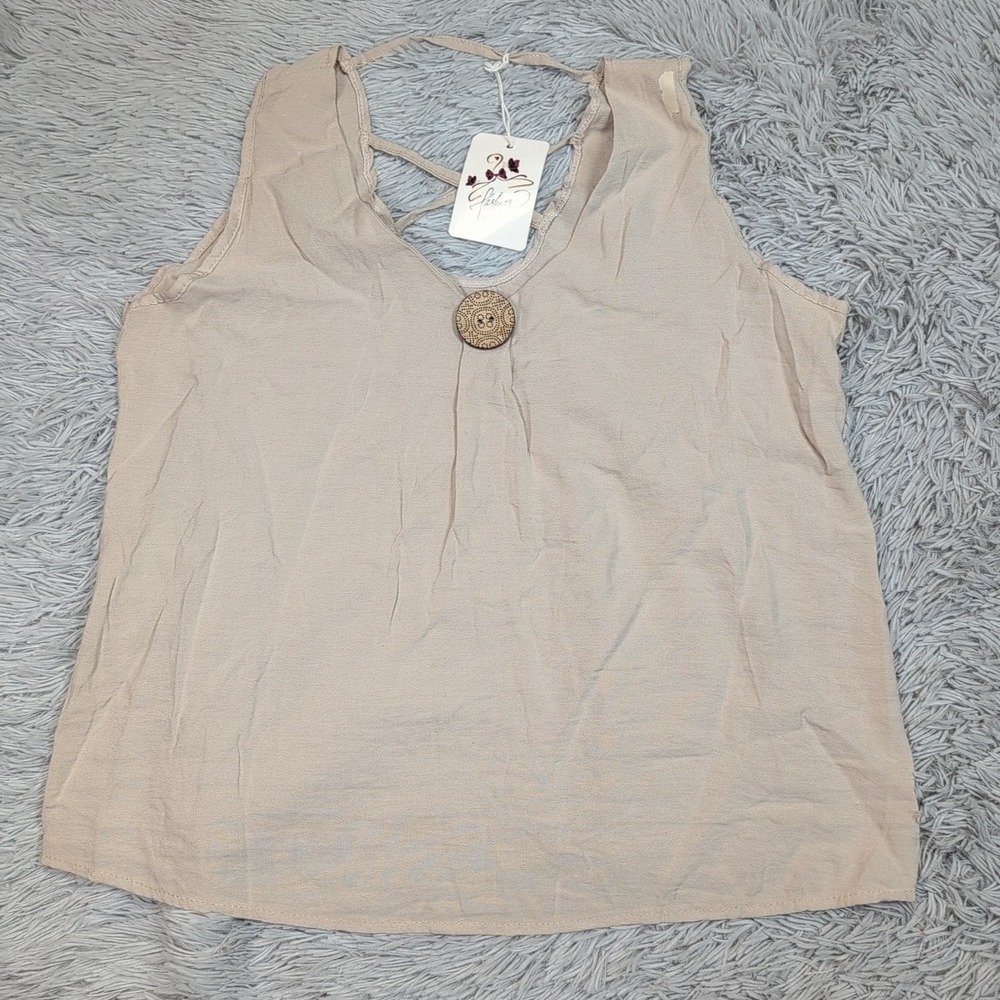 Fashion Shirt Womens L Biege Top Sleeveless Tank Preppy Comfort Italy  New